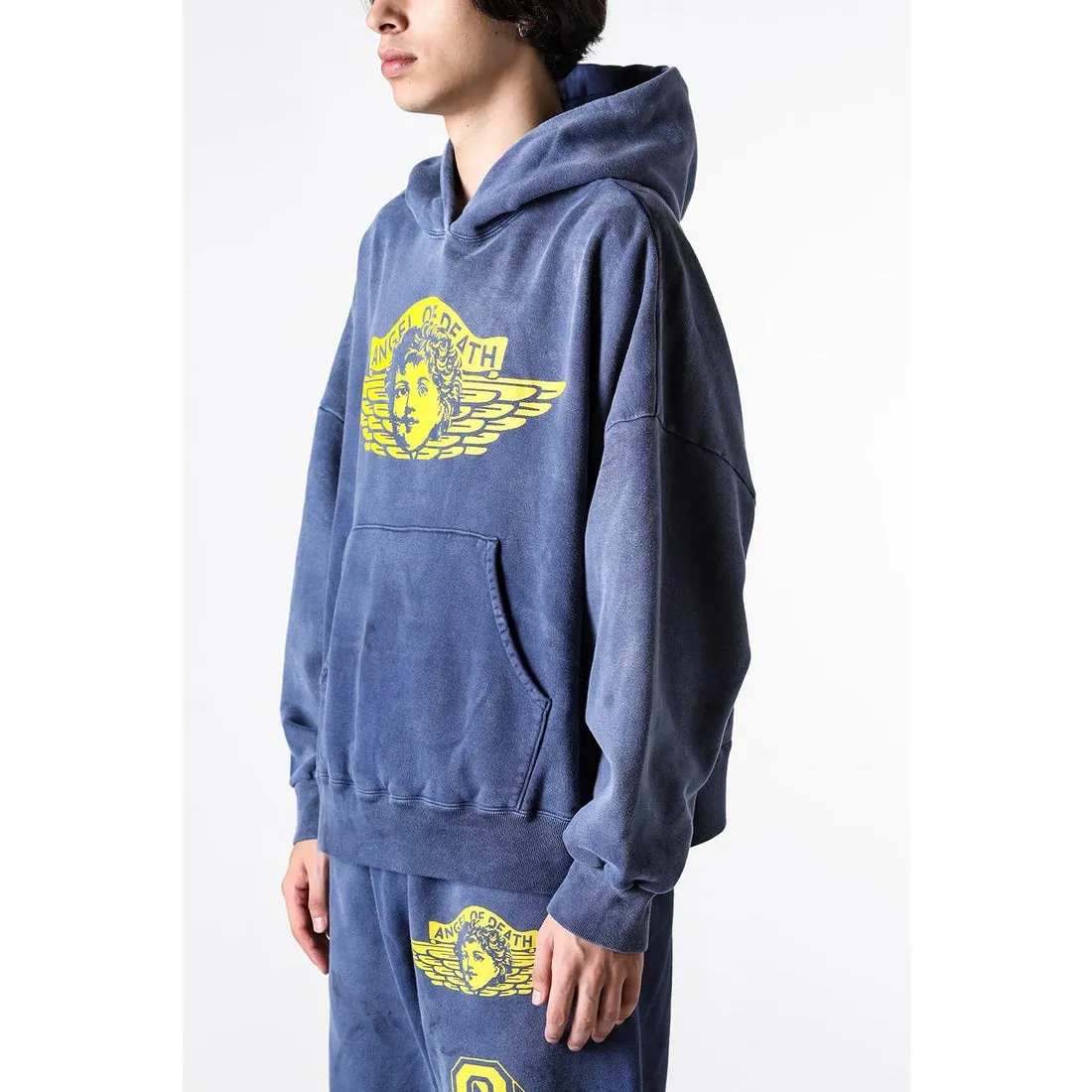 SAINT M×××××× ANGEL HOODIE/NAVY Angel Reborn Blue Hoodie Washed Blue S-XL Assute Garment Dyeing Full Clothes Water Fading Mud Dyeing Dirty Distress New Vintage Ceiling God Tailoring Original Super Loose Fit Customized Original Accessories God-level Print Restoration